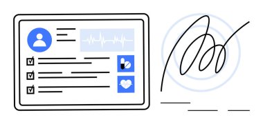 Kullanıcı bilgileriyle sağlık profili arayüzü, yaşam belirtileri, tıbbi simgeler ve dijital imza. Sağlık hizmetleri, teletıp, veri paylaşımı, dijital onay, tıbbi kayıtlar elektronik için ideal
