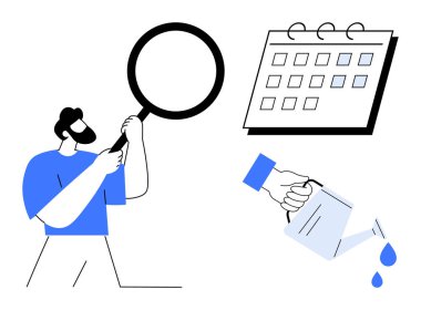 Elinde büyüteç tutan adam odaklanma, takvim işaretleme planları, elle su dökme büyümeyi vurguluyor. Analiz, planlama, organizasyon, strateji, üretkenlik ve yenilik için ideal