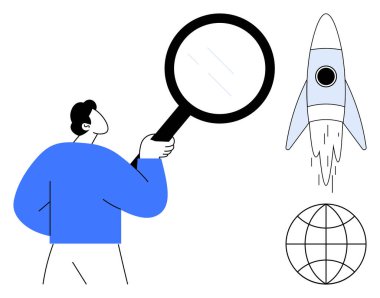 Kişi roket fırlatmayı ve küreyi büyüteçle inceler, yenilik, keşif ve küresel ulaşımı temsil eder. Araştırma, iş büyümesi, teknoloji, eğitim, başlangıç analizi için ideal