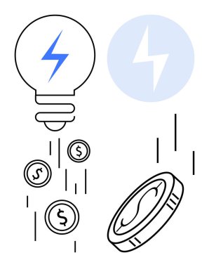 Yıldırım tasarımı olan ampul dolar sikkeleri salıyor, enerjiyi sembolize ediyor, yenilikçi fikirler ve yatırım getirisi. Finans, yenilik, enerji, iş büyümesi, yaratıcı çözümler için ideal