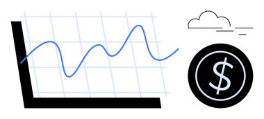 Şebekede yükselen eğilimi gösteren çizgi grafiği, dolar para sembolü ve bulut. Finans, yatırım, analiz, kâr, ekonomik ilerleme veri büyümesi ve eğilimleri için ideal. Basit düz metafor