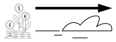 Üzerinde bitkiler filizlenen para işaretleri olan bozuk paralar, ileri dönük cesur ok ve bulut çizimiyle vurgulanmış. Finans, yatırım, büyüme, ilerleme, küresel ticaret, hedef belirleme, basit daire