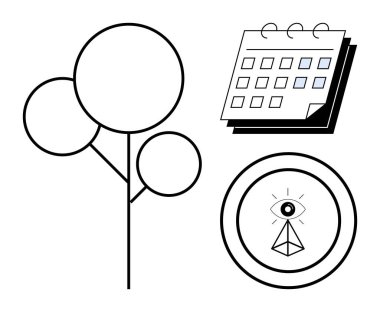 Şekil verilmiş ağaç, işaretli günleri olan takvim ve piramidin içindeki göz. Büyüme, planlama, vizyon, sürdürülebilirlik, organizasyon stratejisi ve farkındalık için idealdir. Minimalist ve basit düz metafor