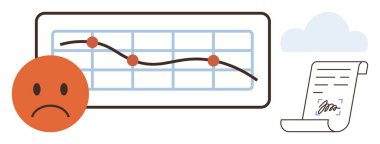 Noktalı çizgi grafiği, üzgün surat kaygılarını ifade eden, imzalı belge ve bulut. Finans, iş kaybı, analitik, sözleşmeler, risk içeren duygusal zorluklar için idealdir. Basit düz