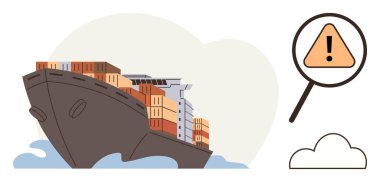 Kargo gemisi okyanus dalgalarında konteynırlarla dolu. Üçgen uyarı işareti büyütüldü. Lojistik, ulaşım, ticaret, nakliye sorunları, tedarik zinciri, risk yönetimi için ideal, basit düz metafor