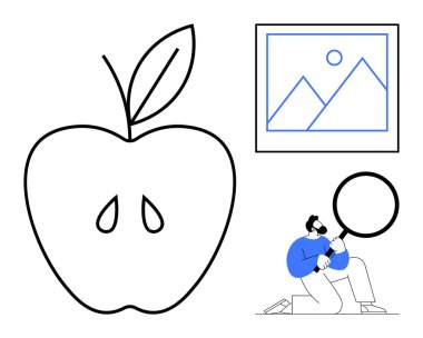 Büyük bir elma çizgisi, dağlı çerçeveli sanat eseri, diz çöküp büyüteçle inceleyen biri. Yaratıcılık, keşif, merak, analiz, öğrenme için ideal, minimalizm basit düz