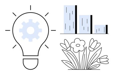 Teçhizatlı ampul, bar çizelgesi ve çiçekler fikirleri, ilerlemeyi ve ahengi sembolize eder. Yaratıcılık, yenilik, büyüme sürdürülebilirlik stratejisi üretkenlik ve denge için idealdir. Basit düz metafor
