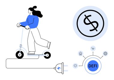 Finansal kavramların yanında elektrikli scooter kullanan bir kadın dolar işaretini, merkezi olmayan finans sembollerini, bağlantıyı onaylıyor. Teknoloji, eko-yaşam tarzı, dijital para birimi, hareketlilik, sürdürülebilirlik için ideal
