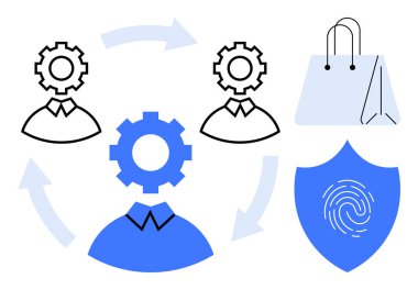 Bağlantıları vurgulayan üç kullanıcı profili, alışveriş çantası, parmak izli kalkan ve elektronik ticareti, dijital güvenliği, takım çalışmasını, mahremiyeti, güveni, şifrelemeyi simgeleyen dairesel oklar