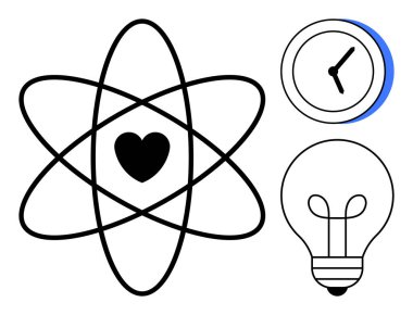 Yörünge yollarıyla çevrili bir atomun içindeki kalbe bir saat ve ampul eşlik ediyor. Bilim, yaratıcılık, zaman yönetimi, yenilik, ilham, aşk, basit düz metafor