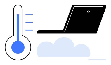 Termometre, dizüstü bilgisayarın yanında bulut şeklindeki ikonun yanında sıcaklık olduğunu gösteriyor. Teknoloji, yenilik, bulut hesaplama, iklim değişikliği, veri depolama, teknoloji verimliliği, basit düz metafor için ideal