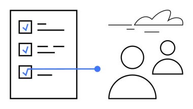 İki kişinin ve bulutların minimalist çizgilerine bağlı mavi işaretli kontrol listesi. Takım çalışması, üretkenlik, organizasyon, işbirliği, proje yönetimi, hedef belirleme, basit düz