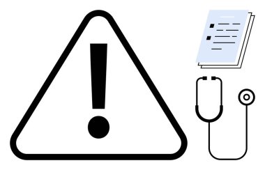 Üçgendeki büyük ünlem işareti tıbbi riskler hakkında uyarır. Stetoskop ve hasta kayıtlarıyla birlikte. Sağlık, güvenlik, tanı, tıbbi risk, önlemler, sağlık uyarıları için ideal
