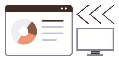 Bir tarayıcı arayüzünde turta şeması ve veri satırları, akışı vurgulayan oklar, yanındaki PC monitörü. Analiz, takım çalışması, veri yönetimi, sunum, iş akışı, iletişim için ideal basit düz