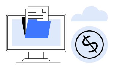 Bilgisayar ekranında dokümanları olan mavi dosya, arka planda bulut, dolar işareti. Finans, ofis işleri, bulut depolama, dijital organizasyon, teknoloji, yatırım para işlemleri için ideal