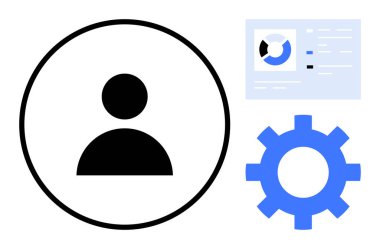 Bir dişli ve veri tablosunun yanında bir çember içinde kullanıcı simgesi. Kullanıcı hesabı kurulumu, kişiselleştirme, yönetim paneli, ayarlar, analizler, yapılandırma, UX tasarımı için ideal. Basit düz metafor
