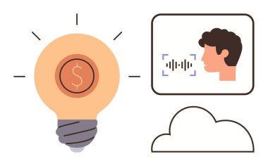 Dolar sikkeli ampul, ses tanıma arayüzü ve bulut elementi yaratıcılığı ve karı vurguluyor. Teknoloji, finans, yapay zeka, yenilik, iş, iletişim büyümesi için idealdir.