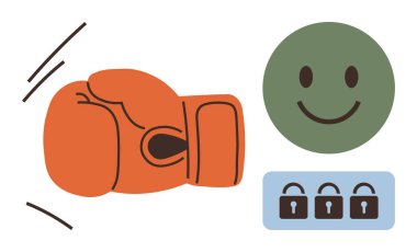 Yeşil mutlu yüz ve asma kilitlerin yanında duran turuncu boks eldiveni korunmayı ve başarıyı simgeliyor. Başarı, güvenlik, esneklik, takım çalışması, mahremiyet, hedef belirleme için ideal. Basit düz metafor