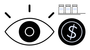 Açık göz, para birimi işareti ve raftaki aşı şişeleri sağlık hizmetleri erişimini, maliyet analizini, aşı fiyatlandırmasını, kamu sağlığını ve karar verme mekanizmasını temsil ediyor. Tıbbi ve finansal farkındalık için ideal