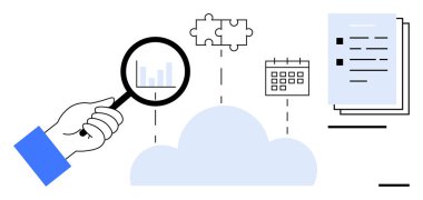 Bulutları analiz eden bulut üzerinde büyüteç, entegrasyonu sembolize eden bulmaca parçası, planlama için takvim ve organizasyon için belgeler. İşbirliği, planlama, bulut hesaplama için ideal