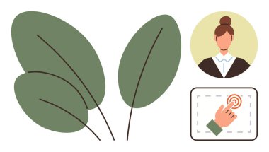 Büyük yeşil yapraklar bir kadın profili temsili ve bir el dokunmatik arayüzü ile eşleştirilmiş. Sürdürülebilirlik, karar verme, teknoloji, eko-farkındalık, kullanıcı etkileşimi, dijital çözümler için ideal