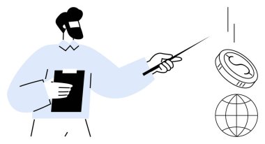 Dolar madeni parasına ve küreye bakan adam finans, küresel ticaret, yatırım, eğitim, planlama, strateji ve danışmanlık konularını vurguluyor. Ekonomik fikirler için ideal, düz asgari tasarım