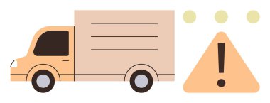 Teslimat kamyonu ile birlikte ünlem işareti, ulaşım güvenliği, lojistik, risk yönetimi, dikkat, nakliye işlemleri, uyarı sistemleri, yol farkındalığı vurgulanıyor.