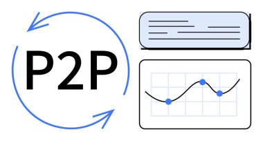 Oklarla çevrili P2P metin, ızgaralı veri grafiği ve metin kutusu. Ağ kurmak, bağlantı kurmak, ademi merkeziyet, analitik, işbirliği teknolojisi yeniliği için idealdir. Temiz daire