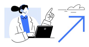 Dizüstü bilgisayar başında kulaklık takan kadın, yenilik, başarı, takım çalışması, teknoloji, iletişim, ilerleme, uzaktan çalışmayı temsil eden yükselen ok ve bulut sembolüne işaret ediyor. Modern problem için ideal