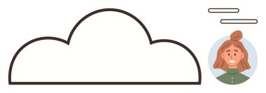 Gülümseyen kullanıcı avatarı ve dinamik veri transferi sunumuyla bulut ana hatları. Bulut hesaplama, veri alışverişi, depolama, kullanıcı arayüzü, teknoloji hizmetleri, dijital profiller için ideal