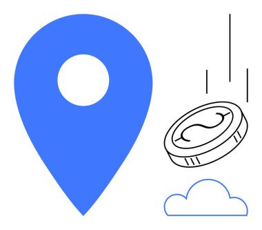 Mavi lokasyon iğnesi, düşen bozuk para, küçük bulut. Finans, lojistik, ekonomi, navigasyon, tasarruf yatırımları lokalizasyon kavramları için idealdir. Basit düz metafor