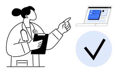 Sağlık bilgileriyle dizüstü bilgisayarı gösteren profesyonel bir doktor. Elinde bir pano var. Sağlık, teletıp, teknoloji, iletişim, tanı, sağlık yönetimi için ideal. Basit.