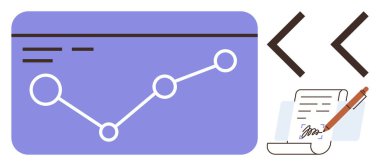 Bağlı noktaları olan büyüme grafiği, kodlama parantezleri ve kalemle yazılmış bir belge. Kodlama, veri analizi, programlama, raporlama, iş stratejisi, geliştirme ve iletişim için ideal