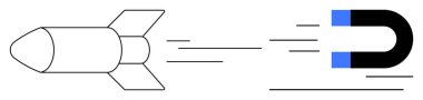 Roket mıknatısa doğru itiliyor, çekim, hareket ve dinamiği sembolize ediyor. Teknoloji, yenilik, enerji, fizik, hız manyetizması ve basit düz metafor için ideal