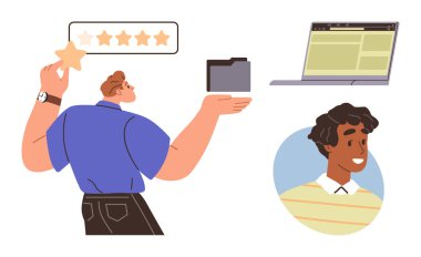 Bir yıldız ve klasör tutan adam, gülümseyen avatar, web sitesi arayüzlü dizüstü bilgisayar. Müşteri geribildirimi, çevrimiçi profiller, dijital organizasyon, kullanıcı arayüzü, iş akışı, basit takım çalışması için ideal