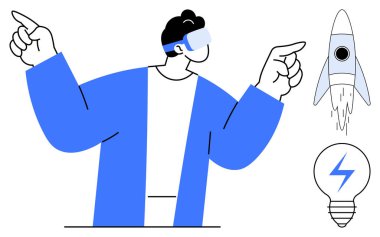 Sanal gerçeklik kulaklığı olan biri rokete doğru hareket ediyor ve ampulü yakıyor. Yenilik, teknoloji, yaratıcılık, beyin fırtınası, fütüristik fikirler, vizyon, girişimcilik için idealdir. Minimalist daire