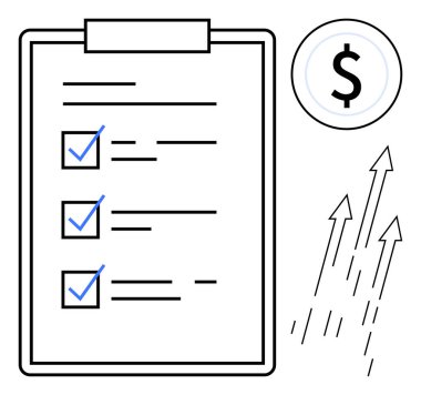 Tamamlanmış görevleri, finansal sembolü ve büyümeyi, verimliliği, üretkenliği gösteren yukarı doğru okları olan iş kontrol listesi. Planlama, organizasyon, strateji ve finans hedefi belirlemek için ideal ilerleme