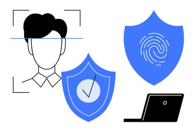 Yüz taraması, kalkanın içinde parmak izi ve dizüstü bilgisayar ikonu. Siber güvenlik, kimlik doğrulama, gizlilik koruması, veri güvenliği, dijital erişim, kimlik doğrulama için ideal