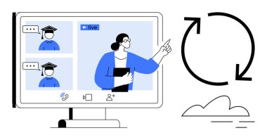 Bilgisayar ekranında canlı bir sanal sınıf oturumunda öğrencilere sunum yapan çevrimiçi eğitimci. Uzaktan öğrenme, çevrimiçi iletişim, uzaktan eğitim, e-öğrenme, işbirliği için ideal