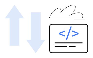 Bulut ve kod bloğunun yanında yukarı ve aşağı oklar veri transferini, kodlamayı ve bulut hesaplamasını temsil ediyor. Bulut teknolojisi, programlama, web geliştirme, veri akışı, ağ, otomasyon için ideal