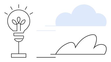 İçinde bitki bulunan ampul, bulut ve asgari elementlerle birlikte çevre dostu yeniliği sembolize ediyor. Sürdürülebilirlik, enerji, doğa, yenilik, teknoloji, çevre ve temiz enerji için ideal