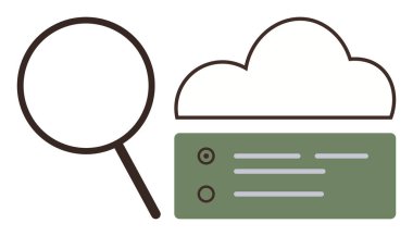 Büyüteç, bulut çizgisi ve yeşil dosya arayüzü aramayı, bulut depolamayı ve organizasyonu sembolize ediyor. Teknoloji, veri tabanı, araştırma, analiz bulut hesaplama veri yönetimi için ideal