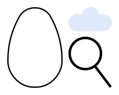 Yumurta, büyüteç ve bulut ana hatları keşfi, potansiyeli, yaratıcılığı, sürdürülebilirliği ve modern teknolojiyi destekler. Yenilik ve analiz için ideal tarım ortamı bulutu