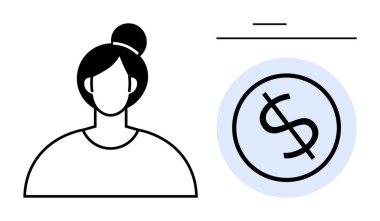 Minimalist tarzda bir kadın figürü. Yanında da dolar işareti. Ekonomi, finans, bütçe, iş gücü, cinsiyet farkı, tasarruf, küçük işletmeler için ideal. Basit düz metafor