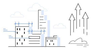 Şehir silueti inşaat ve iskelesi olan binalar, büyümeyi gösteren oklar. Kentsel kalkınma, büyüme, mimari, ilerleme, gayrimenkul ve yenilik stratejisi için ideal. Basit düz