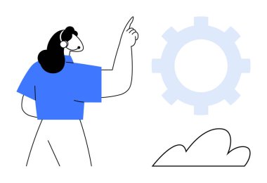 Kulaklık takmış bir kadın bulutun üstündeki vites kutusuna doğru hareket ediyor. Müşteri hizmetleri, teknik destek, bilişim çözümleri, rehberlik, sorun çözme, iletişim, takım çalışması için ideal. Basit düz metafor