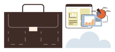 Grafikleri, veri grafiklerini ve bulut elementlerini gösteren dijital ekranların yanında çanta. İş, analitik, dijital dönüşüm, veri depolama, takım çalışması, uzaktan çalışma ve bulut hesaplama için ideal