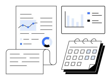 Bir takvimle eşleştirilmiş çizelgeler, grafikler ve analizler. Rapor için ideal, veri analizi, planlama, zaman yönetimi, üretkenlik, iş stratejisi basit düz metafor
