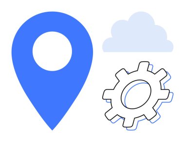 Mavi konum iğnesi, bulut şekli ve teçhizatı sembolize eden yer bulma, bulut teknolojisi, ayarlar, süreç optimizasyonu, yazılım araçları, bağlantı ve basit bir düz metaforda otomasyon
