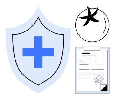 Mavi tıbbi haçlı kalkan, imzalı pano belgesi ve dairesel mühür. Sağlık, güvenlik, doğrulama, sigorta ve sertifika belgeleri için ideal. Basit düz metafor